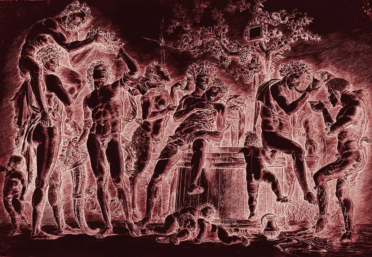 Engraving of satyrs and revellers drinking around a wine vat under a vine